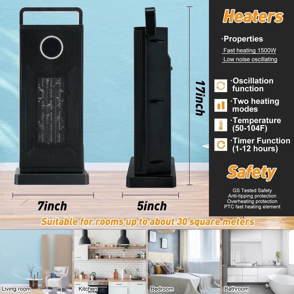1500W Portable Ceramic Tower Heater with Remote & 12H Timer - WindFrameTech