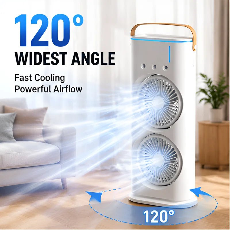 3-in-1 Dual-Head Fan with Humidifier & Light - WindFrameTech