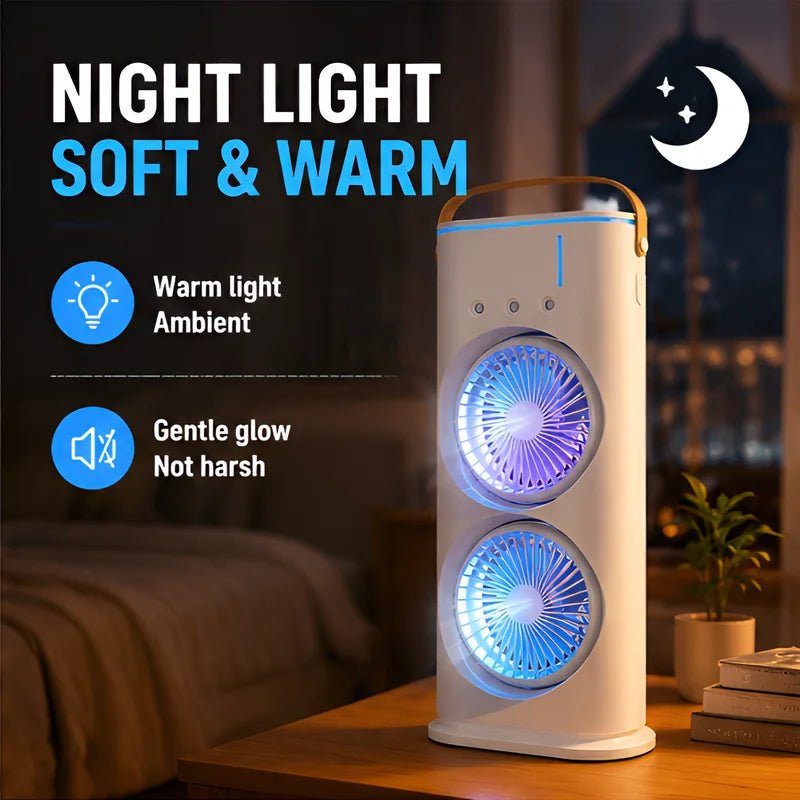 3-in-1 Dual-Head Fan with Humidifier & Light - WindFrameTech