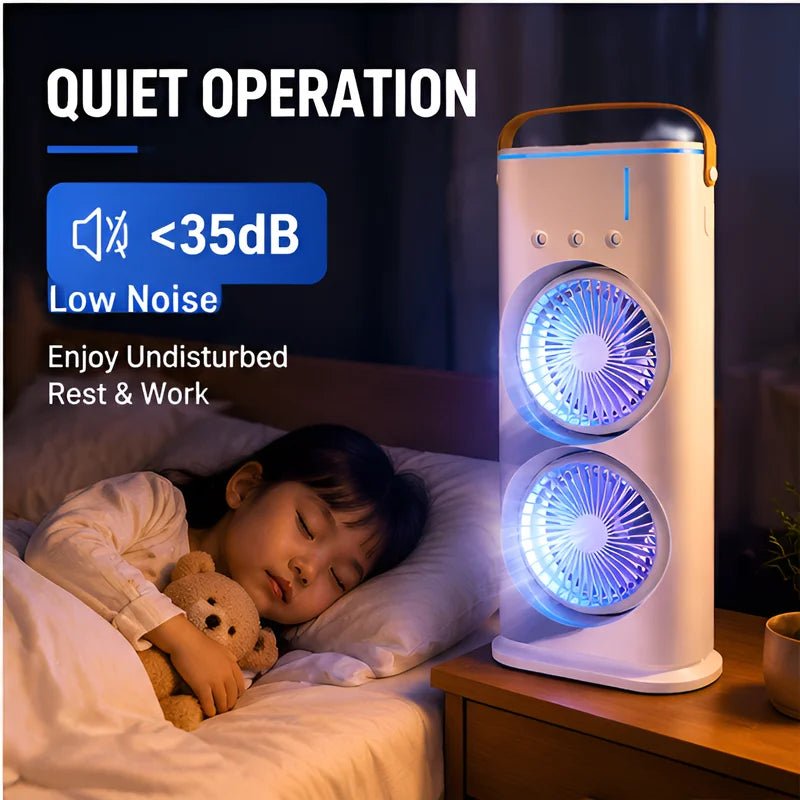 3-in-1 Dual-Head Fan with Humidifier & Light - WindFrameTech