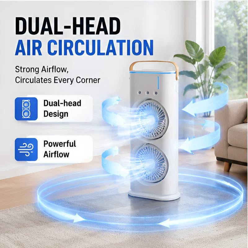 3-in-1 Dual-Head Fan with Humidifier & Light - WindFrameTech