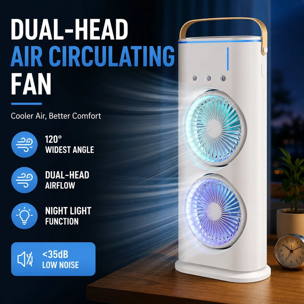 3-in-1 Dual-Head Fan with Humidifier & Light - WindFrameTech