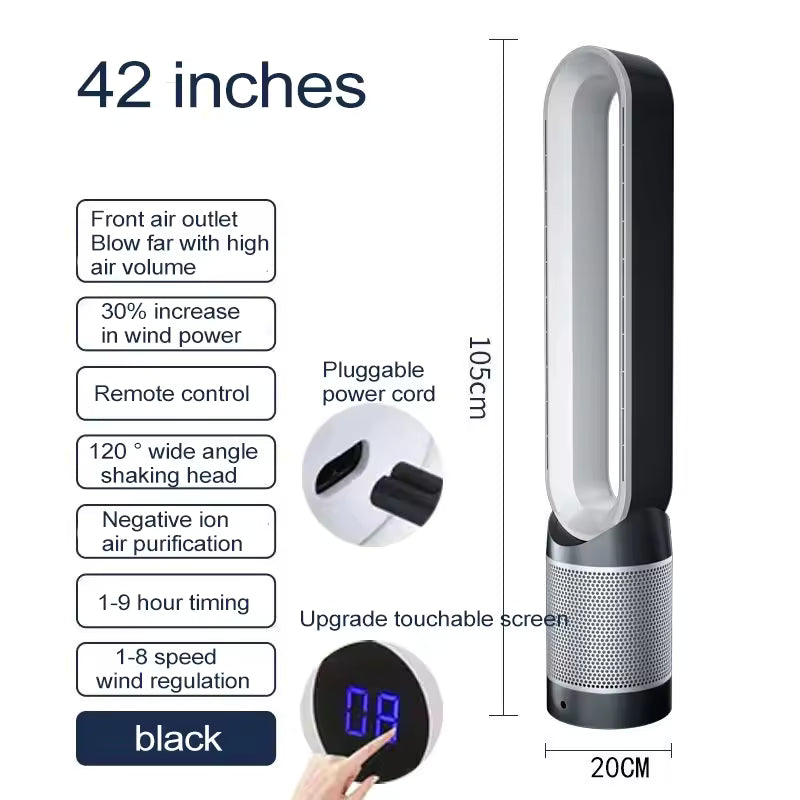 42'' Bladeless Air Purifier Tower Fan with 8 Wind Modes,Oscillating Baby-Safe Floor Fan,Remote Control Energy-Saving Design Home