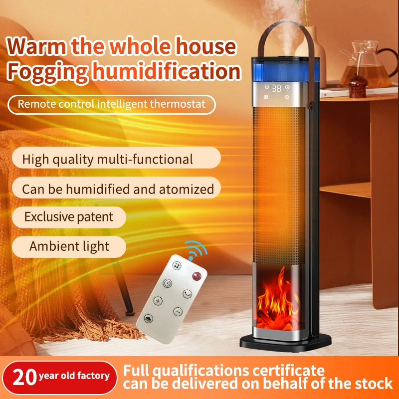 Vertical Space Heater with Fogging Humidifier & Flame Ambient Light Remote Control