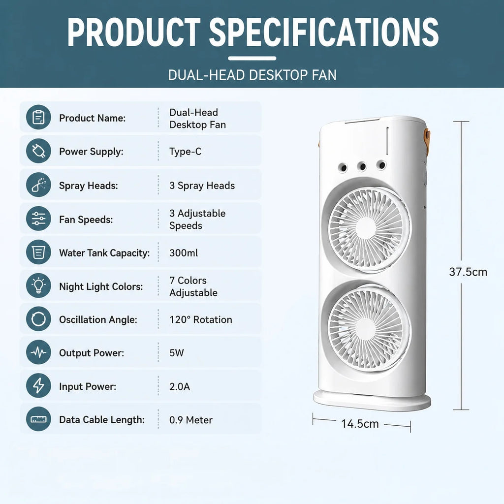 3 in 1 Dual-head Fan AIr Conditioner Household Air Cooler LED Night Light Portable Humidifier Air Adjustment Fan Office Home Fan