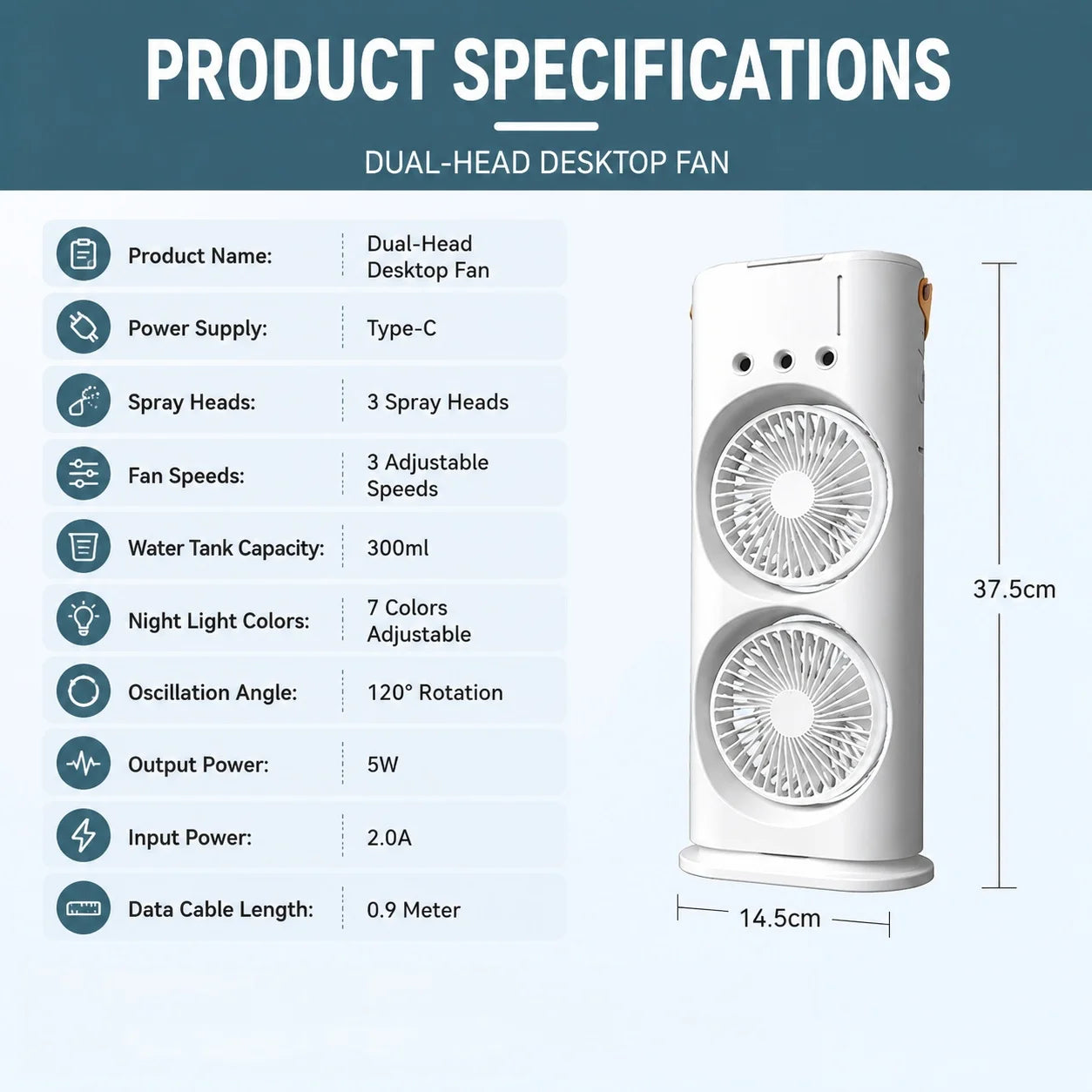 3 in 1 Dual-head Fan AIr Conditioner Household Air Cooler LED Night Light Portable Humidifier Air Adjustment Fan Office Home Fan
