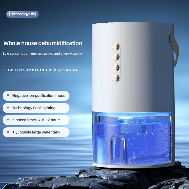 Smart Dehumidifier 1.3L Water Tank Negative Ion Purification 3‑Speed Timing