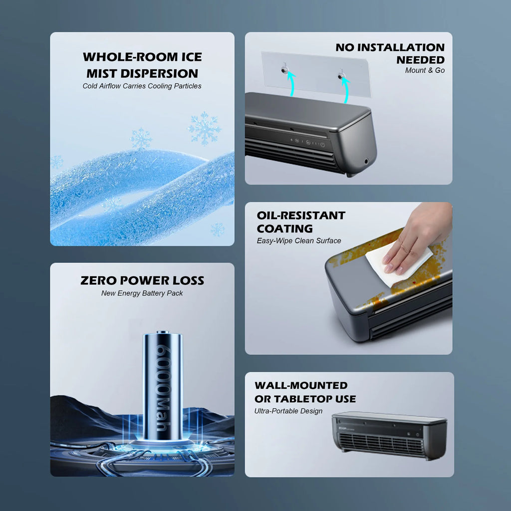 portable personal humidifier with usb-powered silent fan and superconducting ice-mist cooling. comes with a hook accessory, port