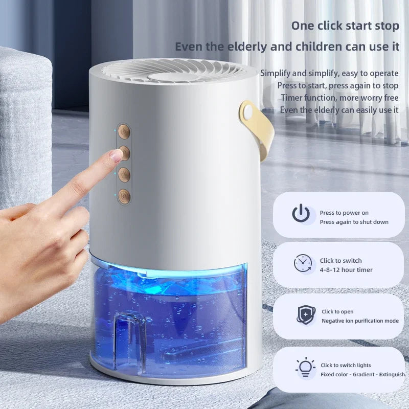 Smart Dehumidifier 1.3L Water Tank Negative Ion Purification 3‑Speed Timing