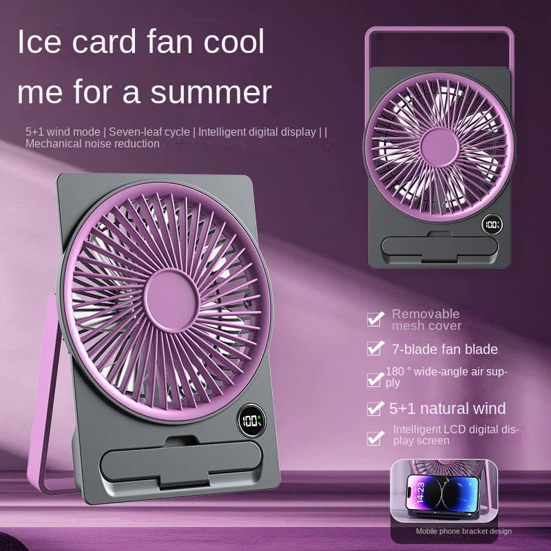 Ultra-thin Desktop Fan Digital Display USB Charging Strong Wind Portable Silent Card Style Fan Dormitory Office Summer Small Fan