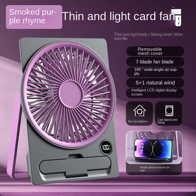 Ultra-thin Desktop Fan Digital Display USB Charging Strong Wind Portable Silent Card Style Fan Dormitory Office Summer Small Fan