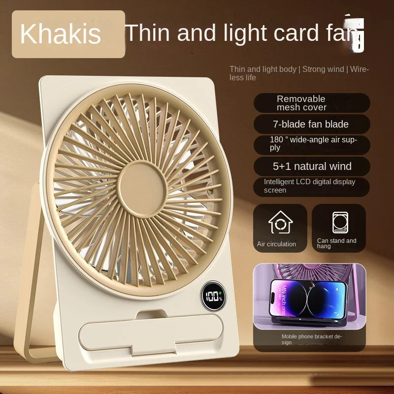 Ultra-thin Desktop Fan Digital Display USB Charging Strong Wind Portable Silent Card Style Fan Dormitory Office Summer Small Fan
